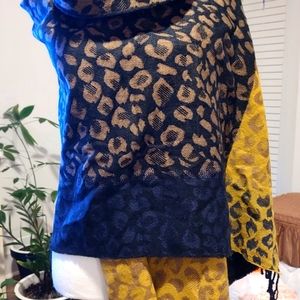 Towne & Reese's Blue & Yellow Animal Print Scarf, Gift, Cozy, Soft, Fringe
